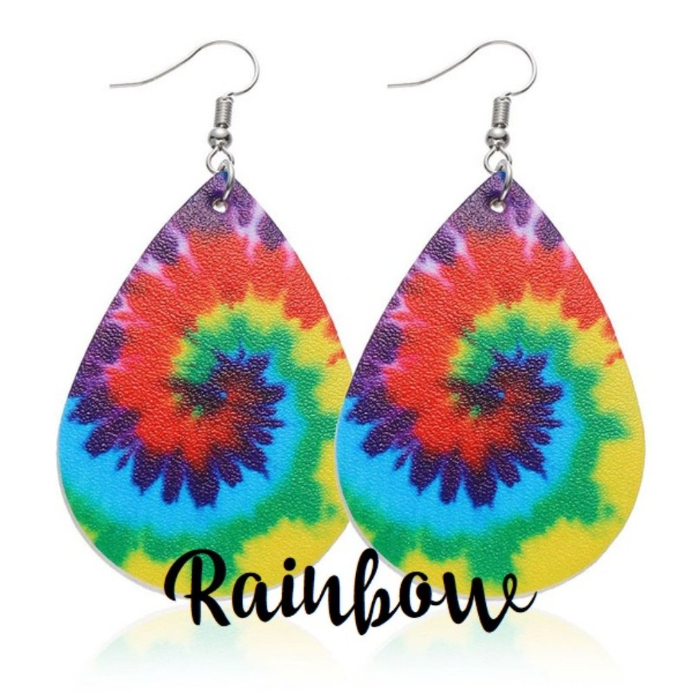 Rainbow Tie Dye Tear Drop Faux Leather Earrings
